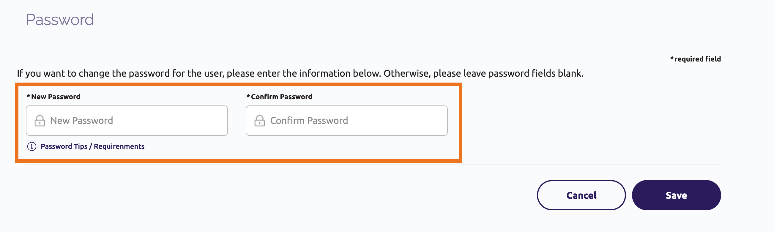 Form fields to enter new password and confirm new password