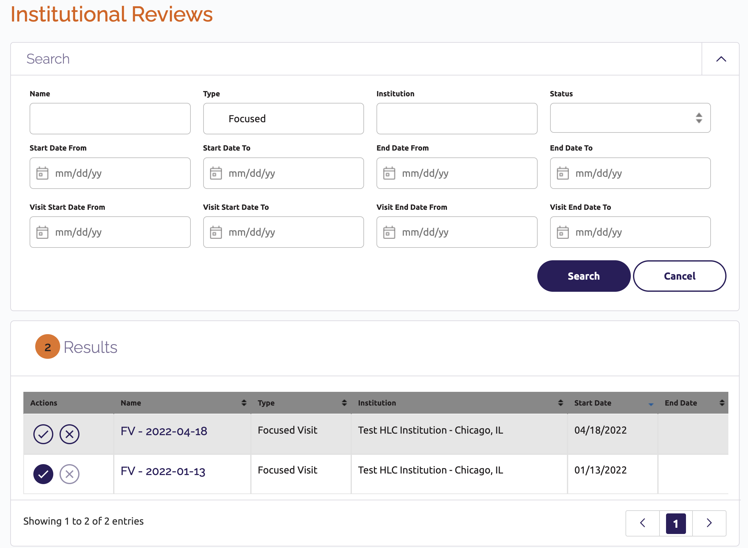 Institutional Reviews page