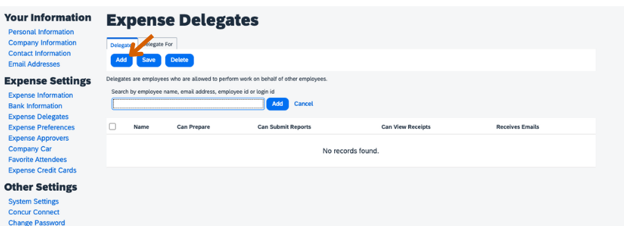 Concur expense delegates page with arrow pointing to add