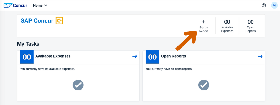 Concur home page with arrow pointing to "Start a Report"