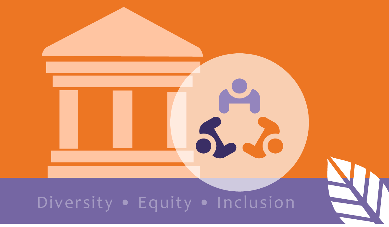 an institution symbol with three person symbols in front, with the words diversity, equity, inclusion at the bottom