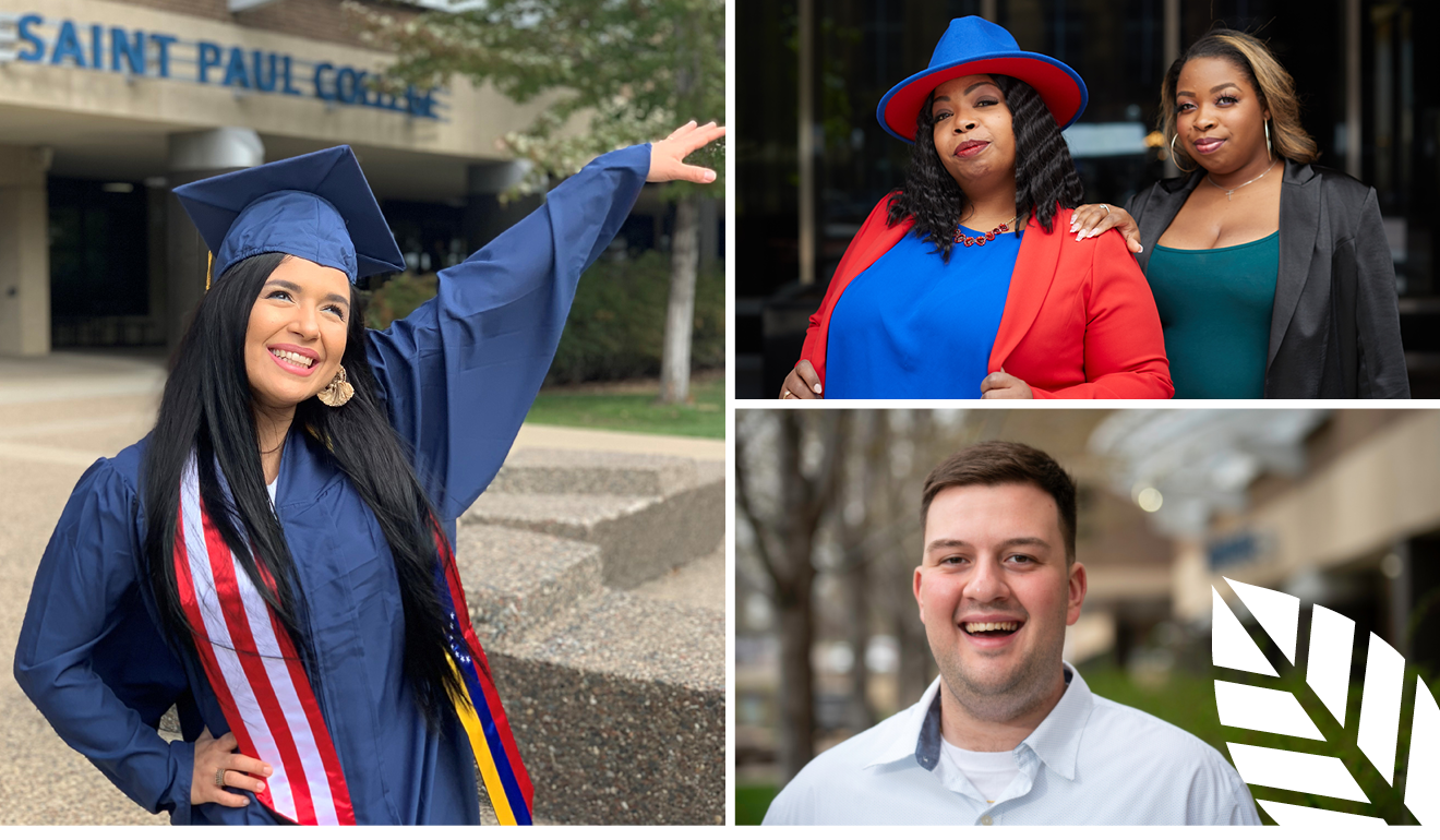 three photos: left, a woman in graduation outfit, top right, two women, bottom right, a man