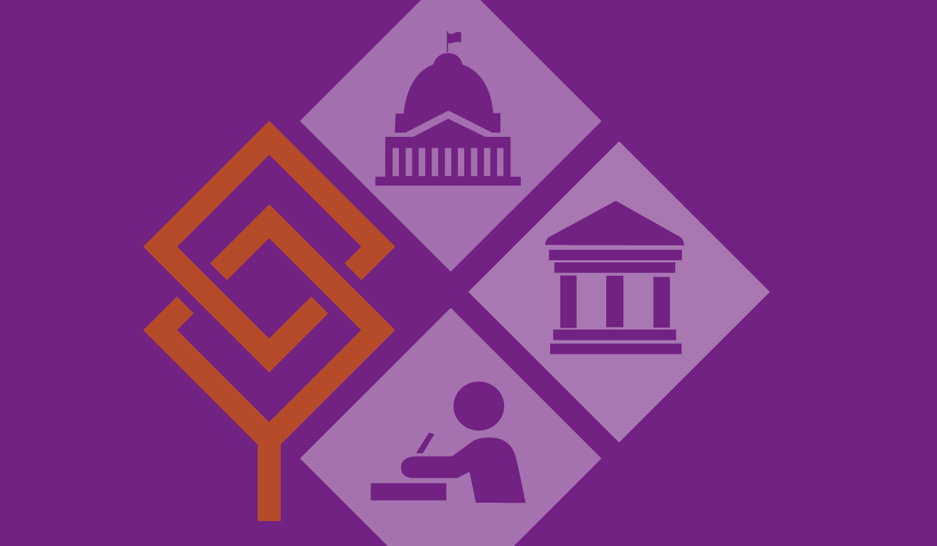 icons of government buildings and person writing with HLC logo