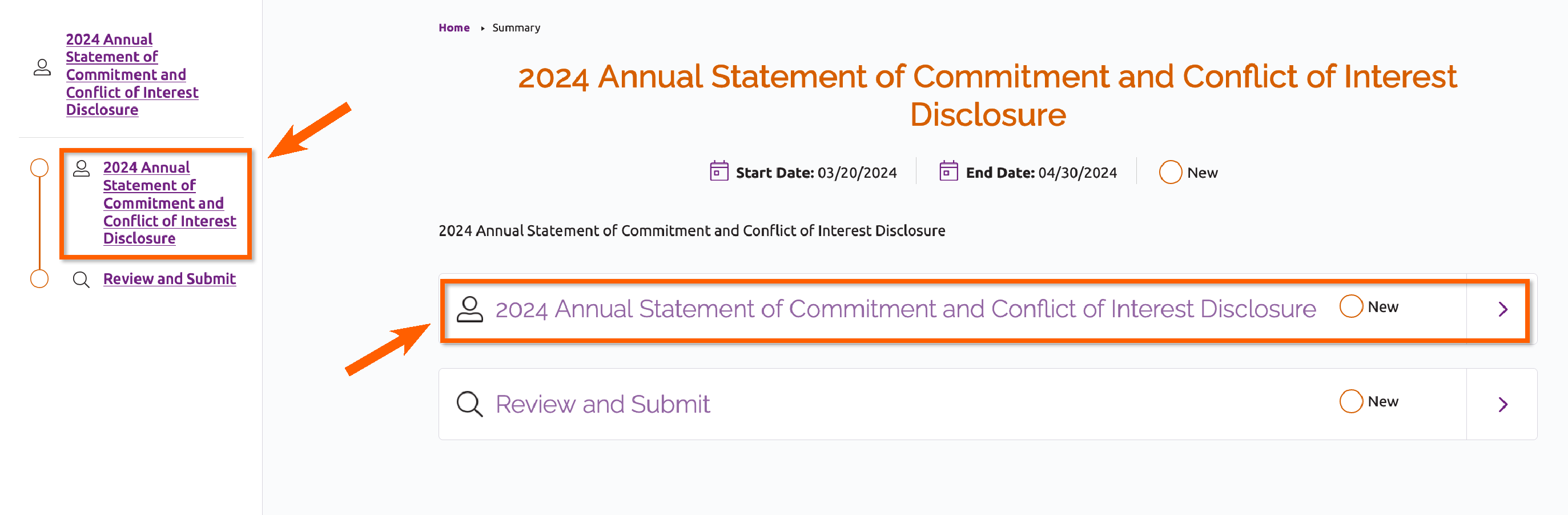 Annual Statement of Commitment form landing page