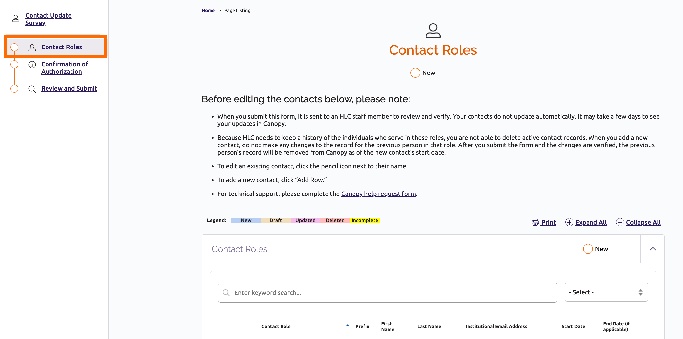 Contact Roles section page
