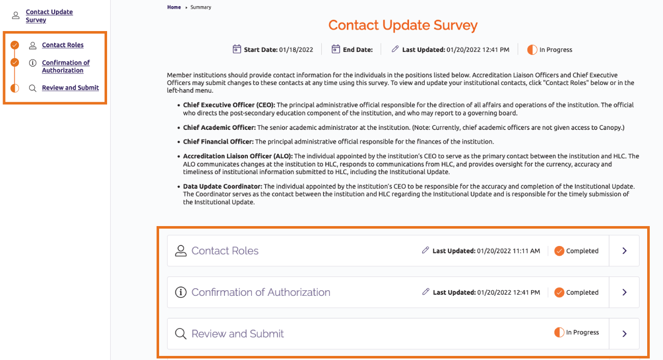 Contact Update Survey main screen