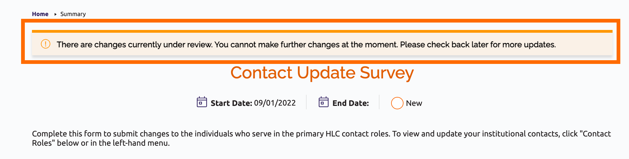 A notification box at the top of the Contact Update Survey page says "There are changes currently under review. You cannot make further changes at the moment. Please check back later for more updates."