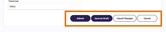 Buttons to submit, save as draft, cancel changes or cancel