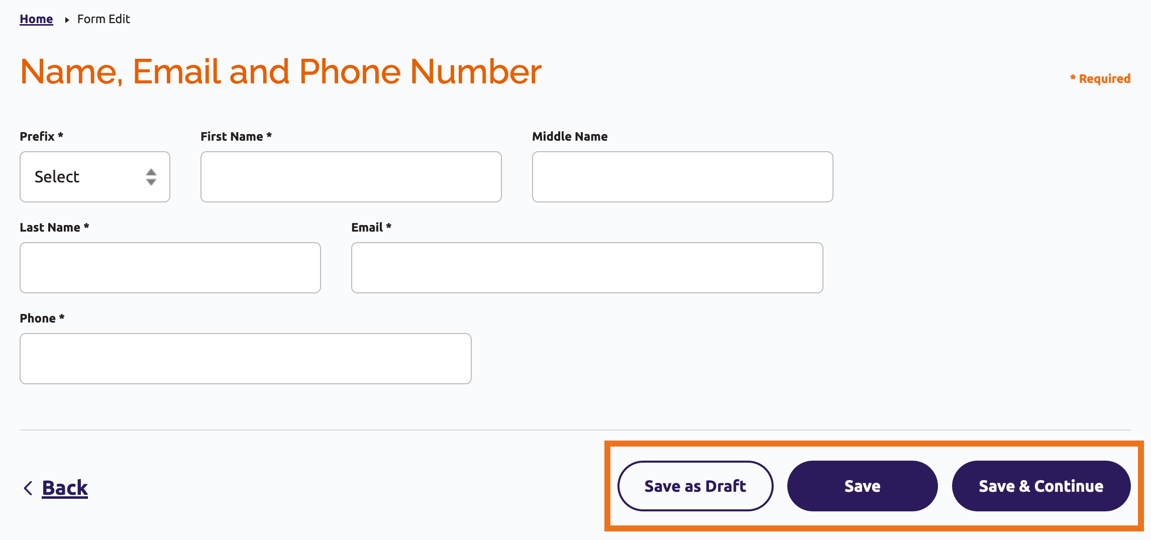 Name, Email and Phone Number edit screen