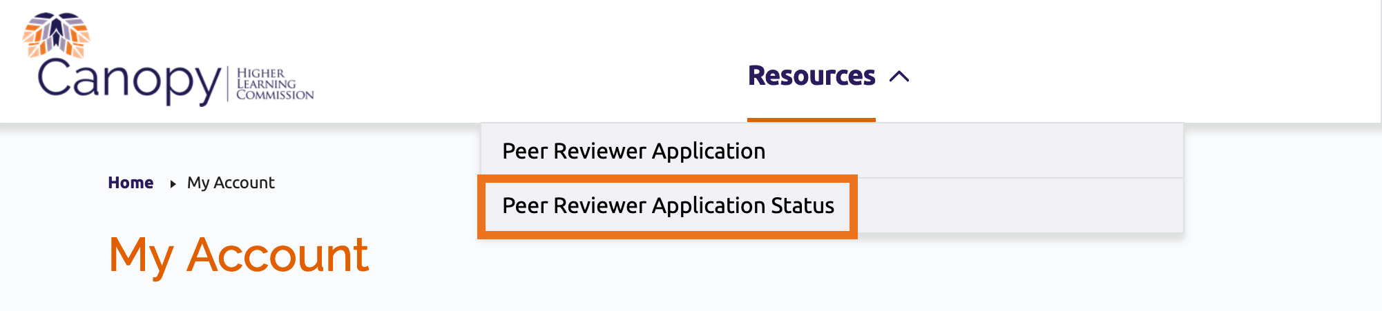 Peer Reviewer Application Status menu