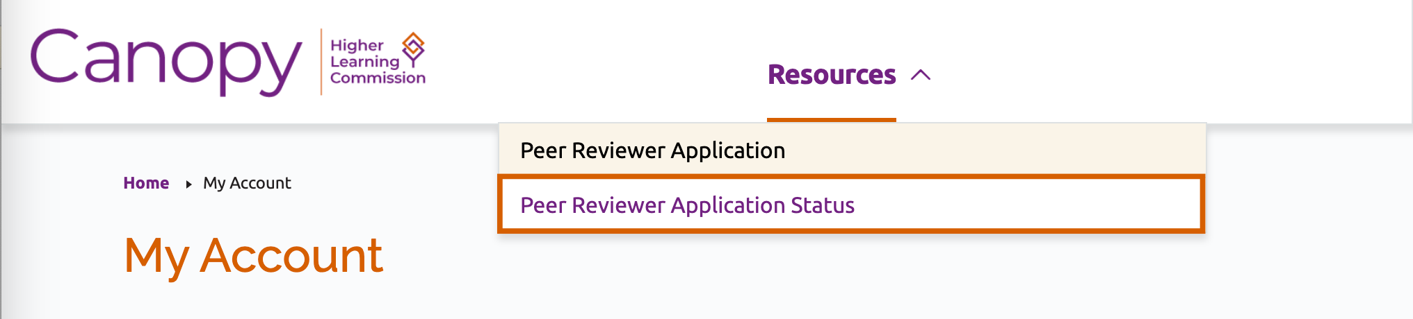 Peer Reviewer Application Status menu