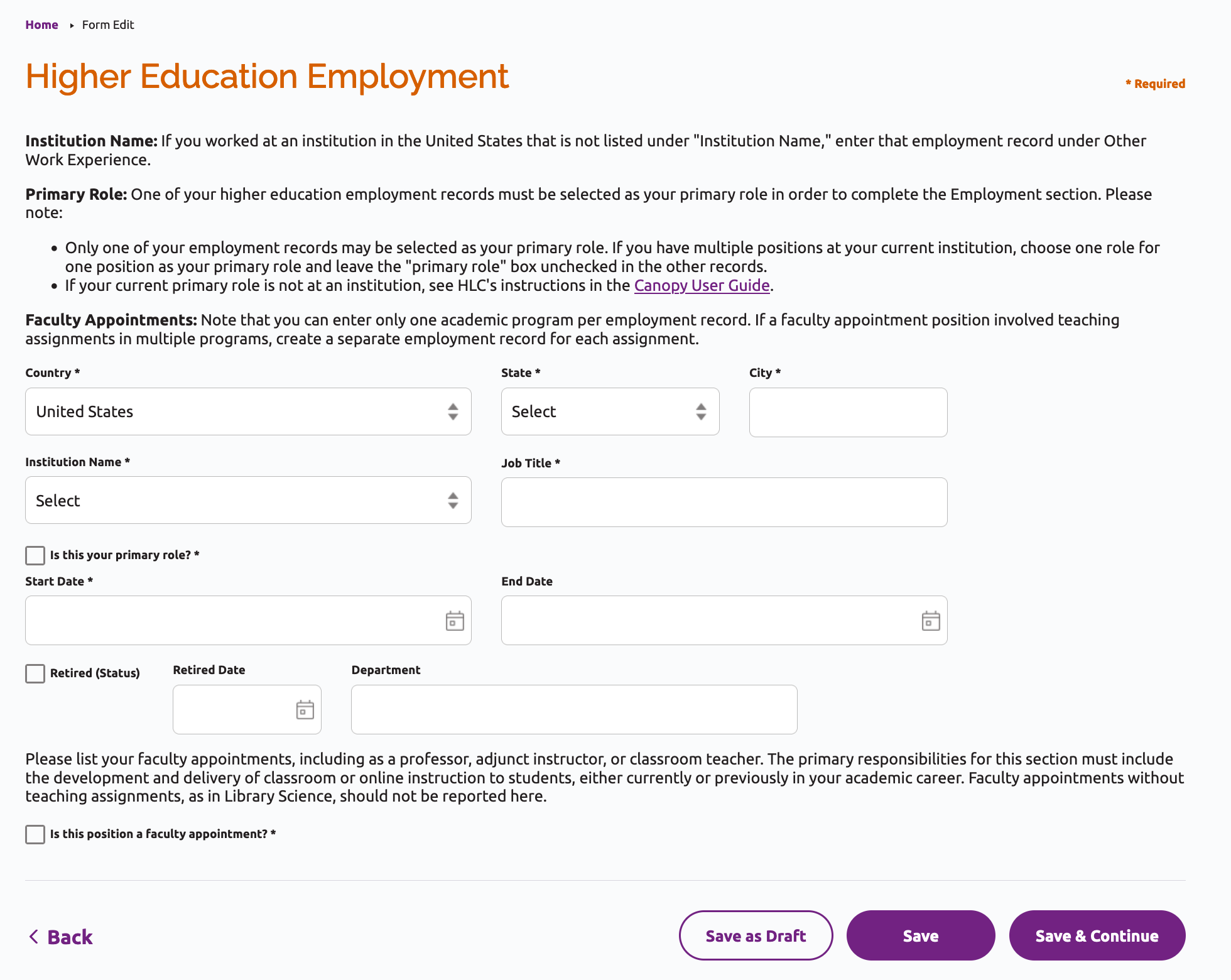 Higher Education Employment edit screen