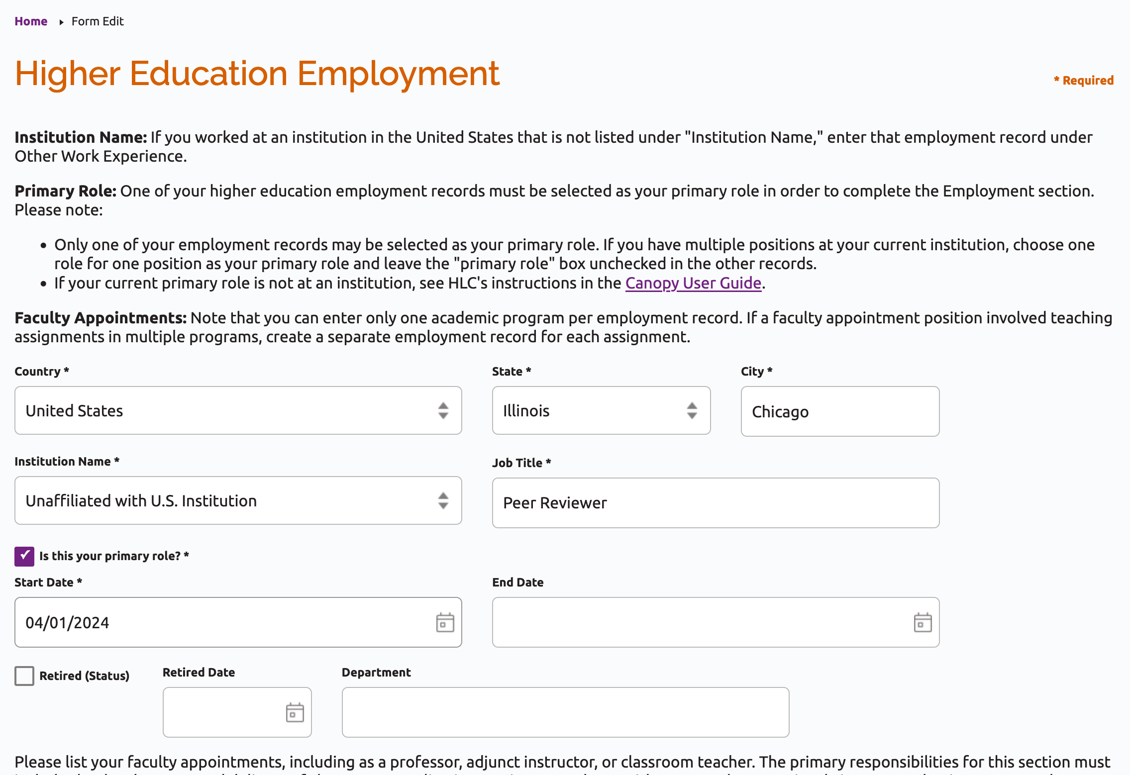 Higher Education Employment form for Peer Reviewer who is unaffiliated with a U.S. Institution