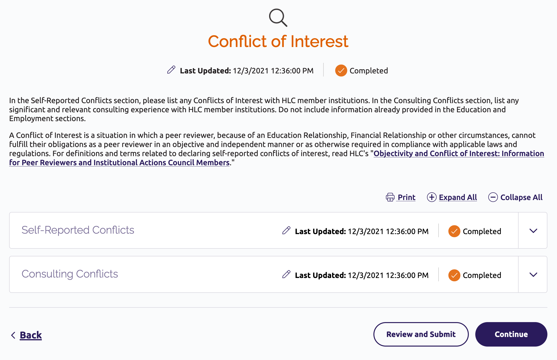 Conflict of Interest section page
