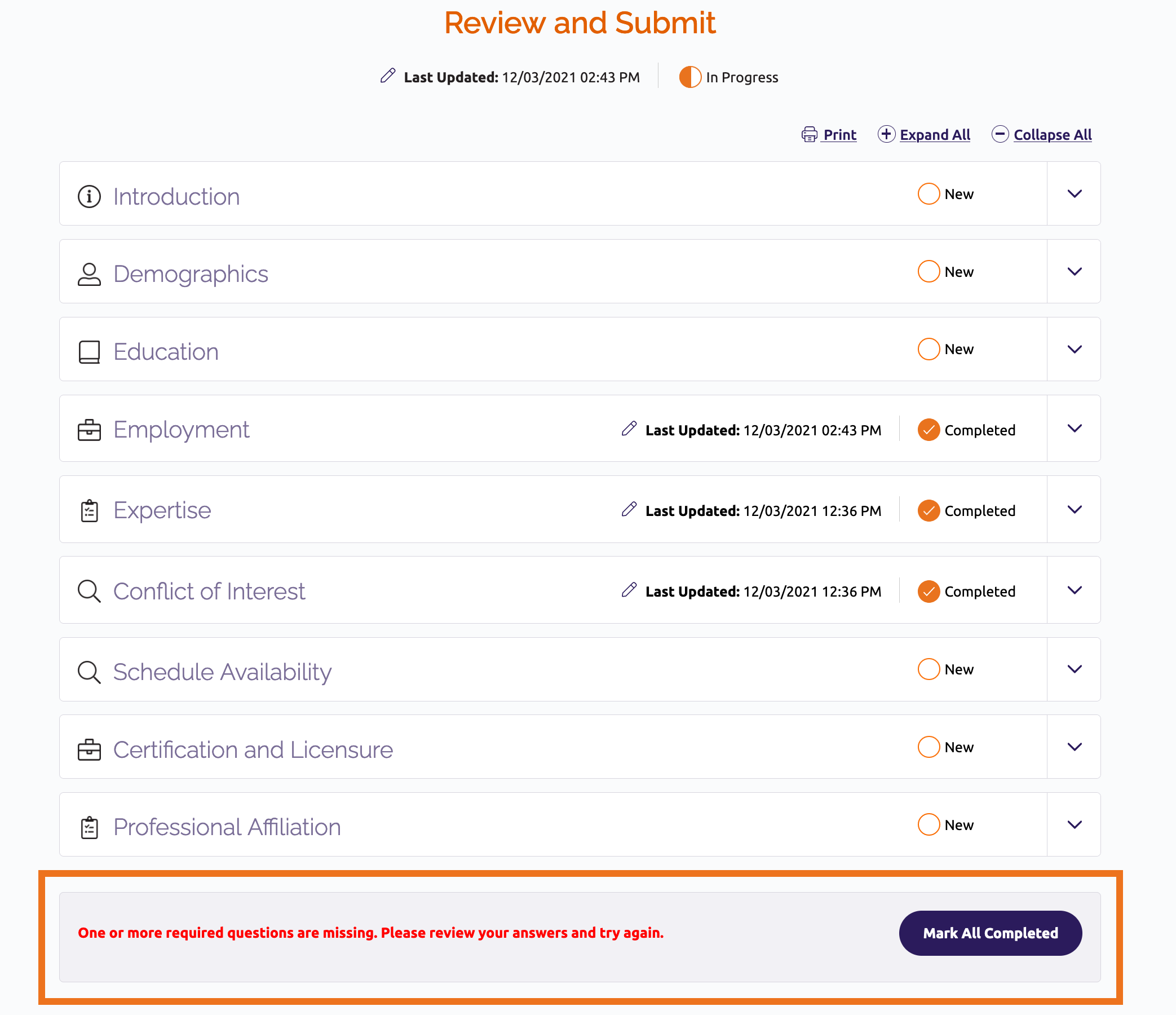 Review and Submit section page