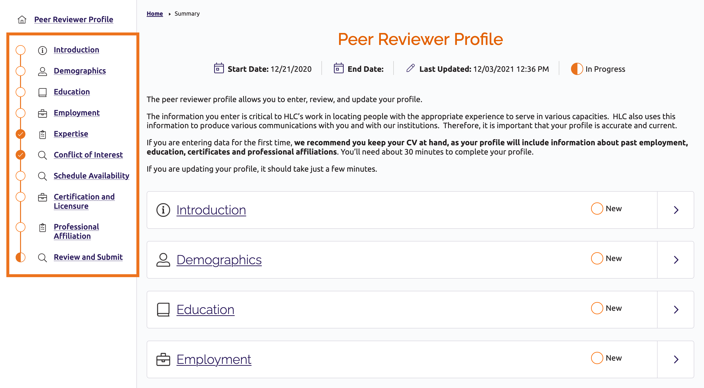 Peer Reviewer Profile main screen