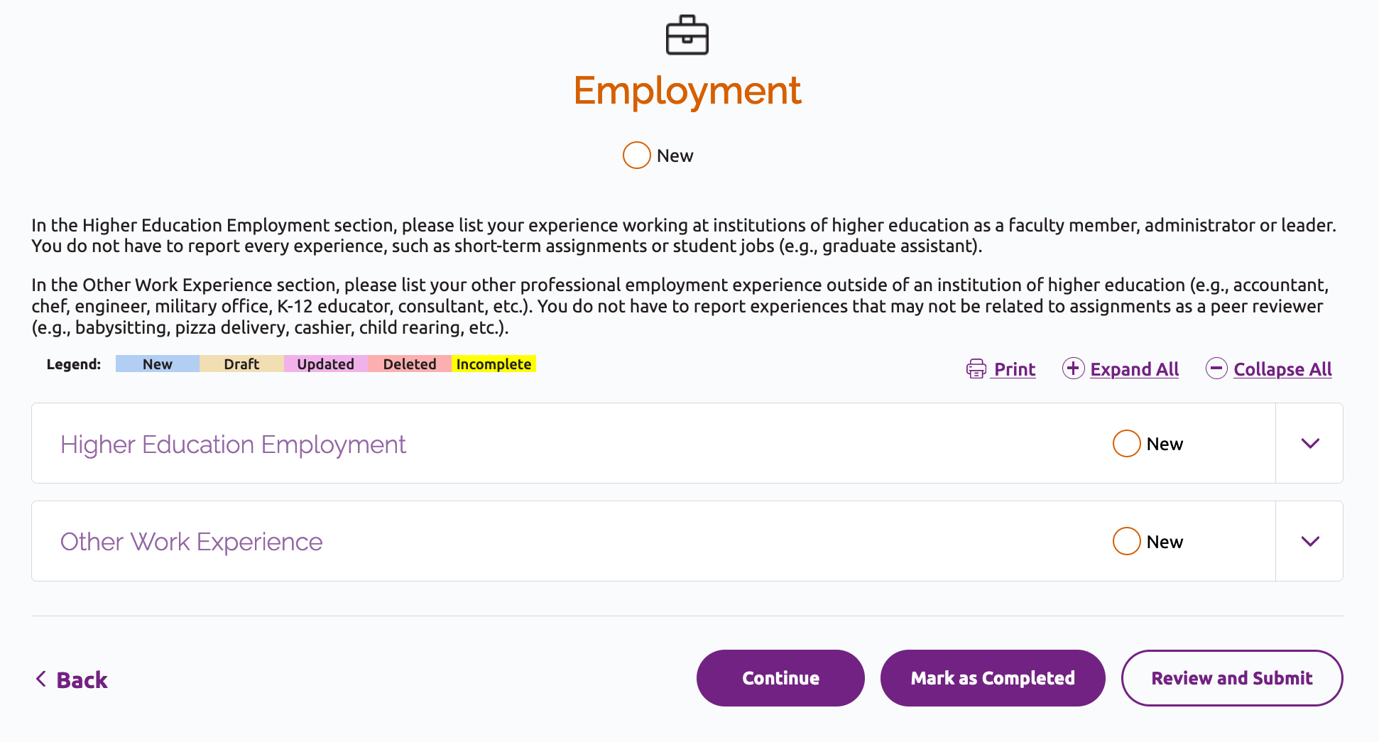 Employment section page