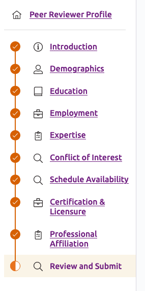 left-hand menu with "completed" icons next to each profile section, except for the Review and Submit section at the bottom of the menu