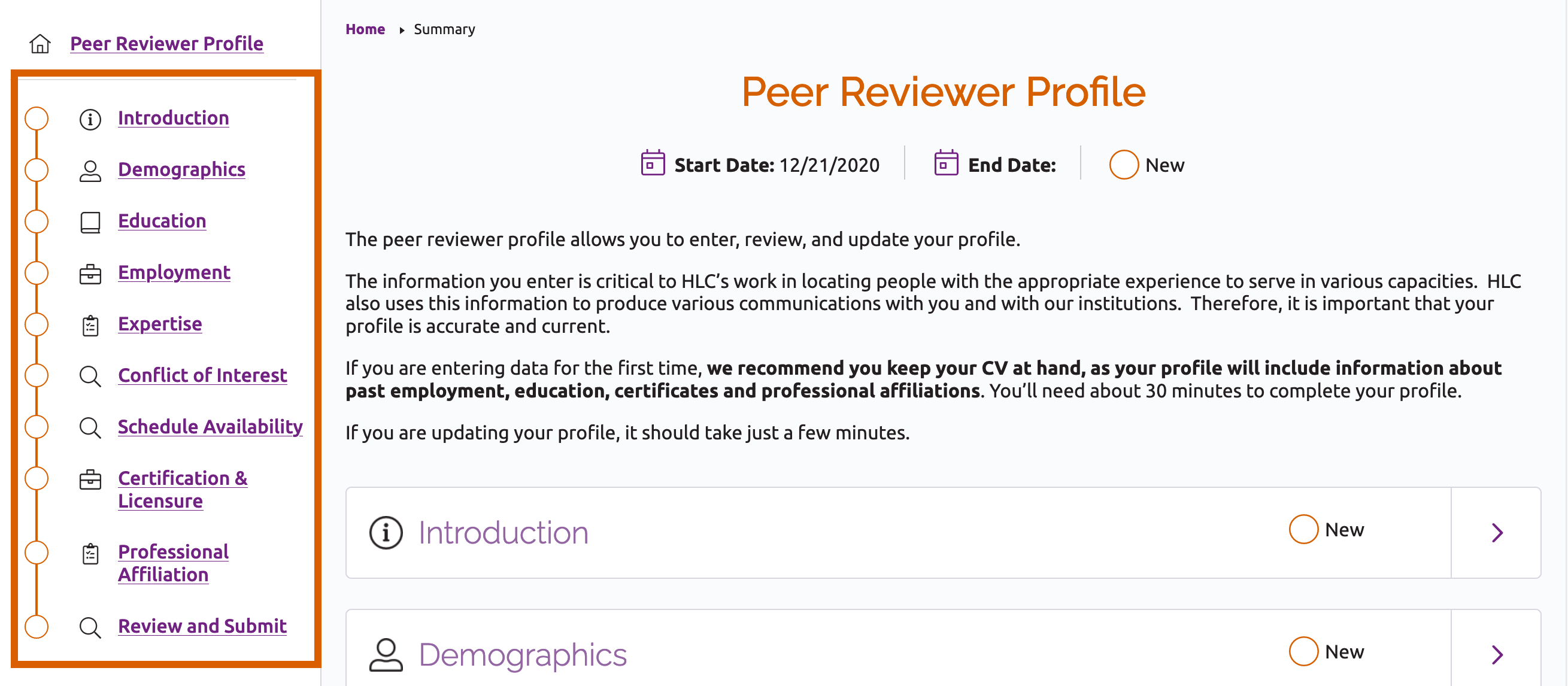Peer Reviewer Profile home screen showing menu sections marked as not started
