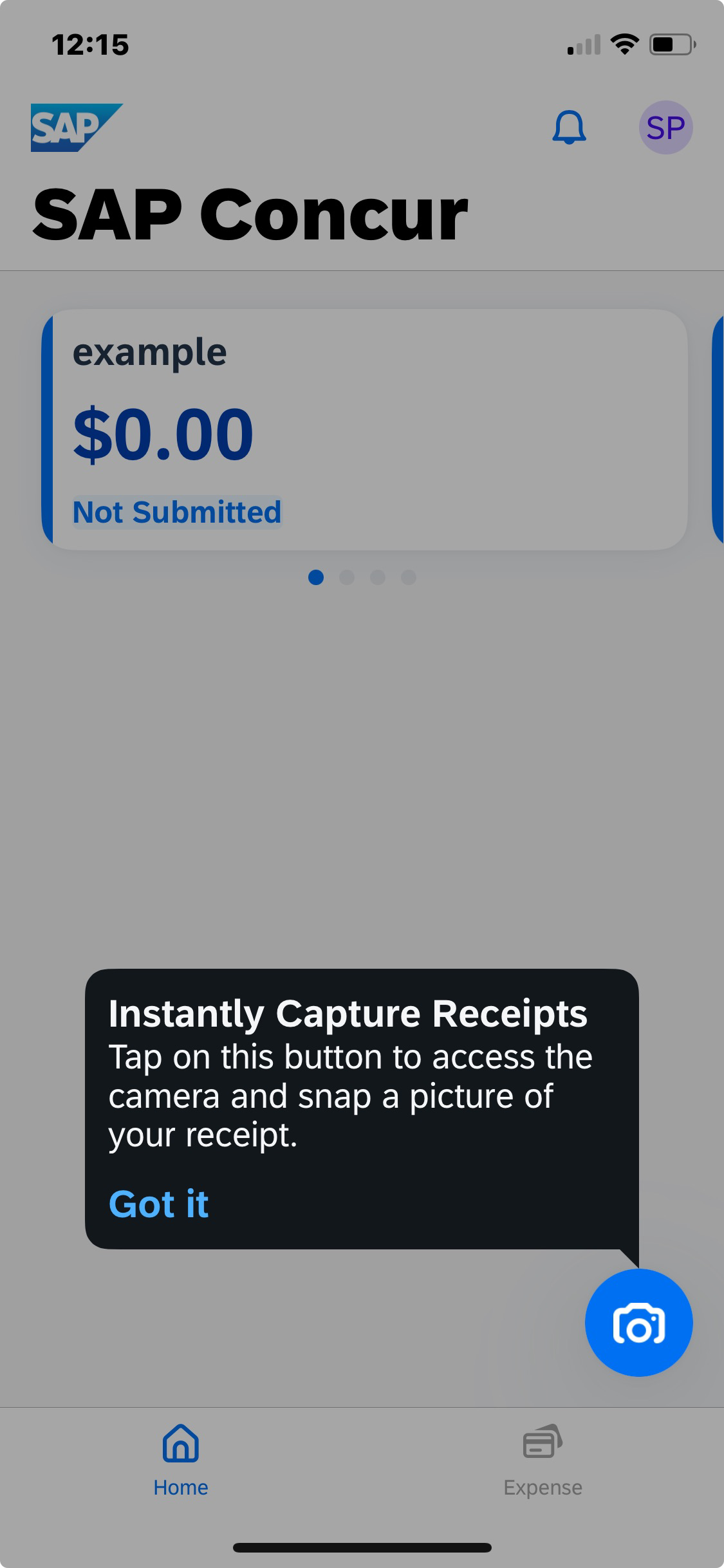 Concur app home page with capture receipts button pop up