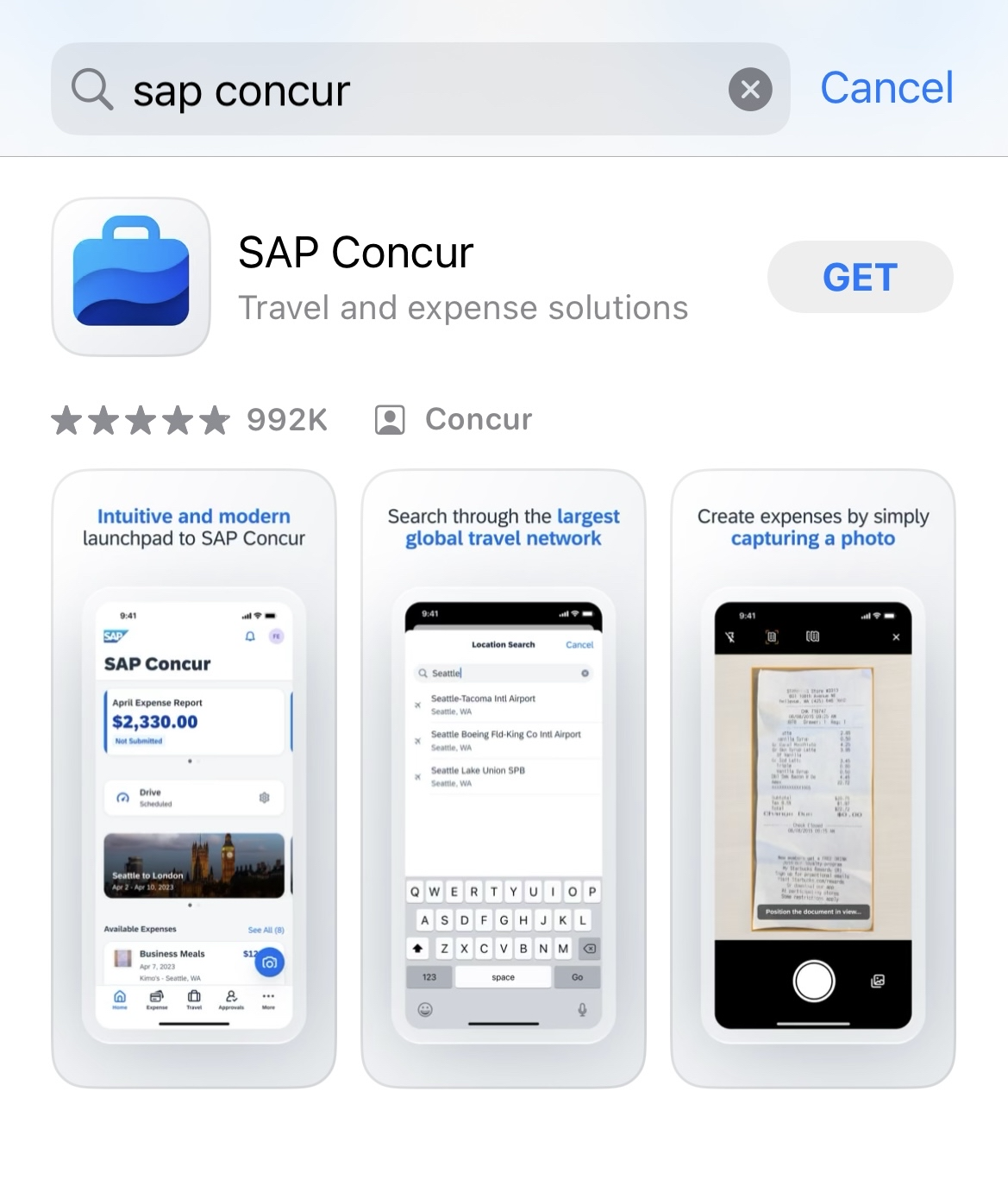 SAP Concur app listing in App Store