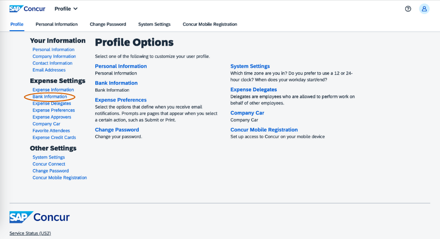 Profile page with Bank Account menu item circled
