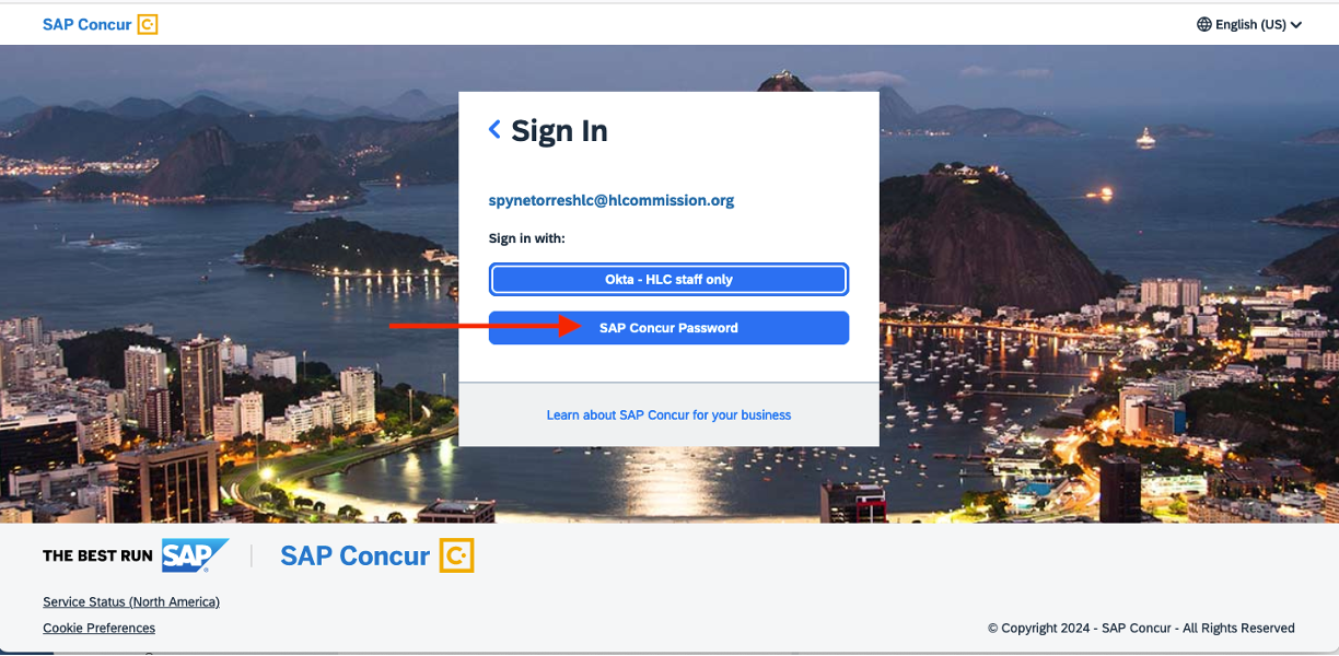 Log in with SAP Concur button