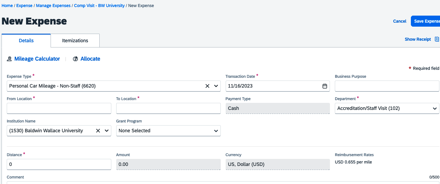 New expense page with fields