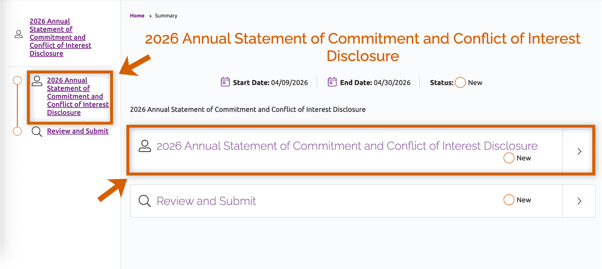 The main page of the Annual Statement of Commitment and Conflict of Interest Disclosure form with arrows pointing to links to the first form sections