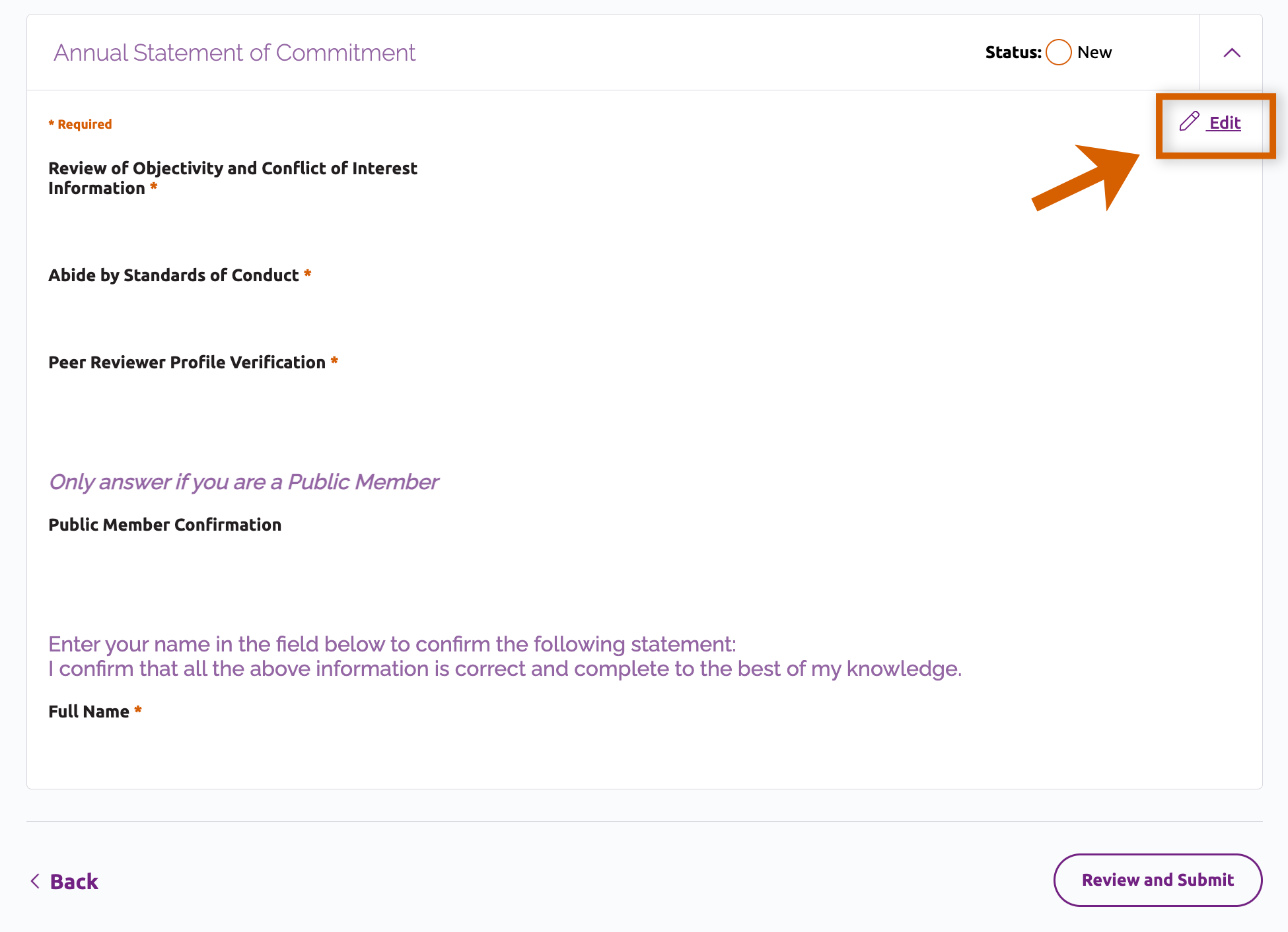 The Annual Statement of Commitment form section with an arrow pointing to "Edit"