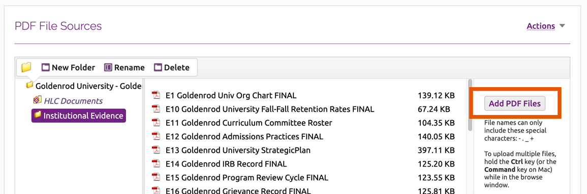 Add PDF Files button in file manager