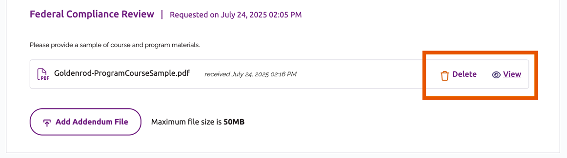 Links to delete or view uploaded addendum file