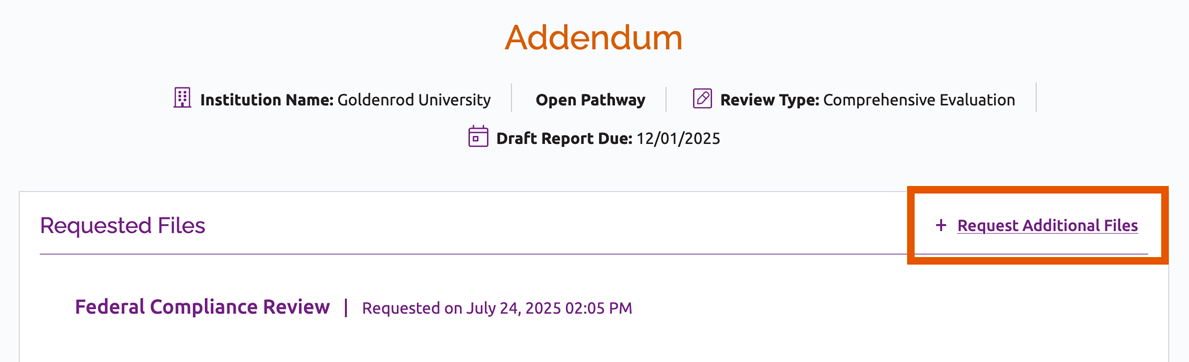 Request Additional Files link next to Requested Files section title