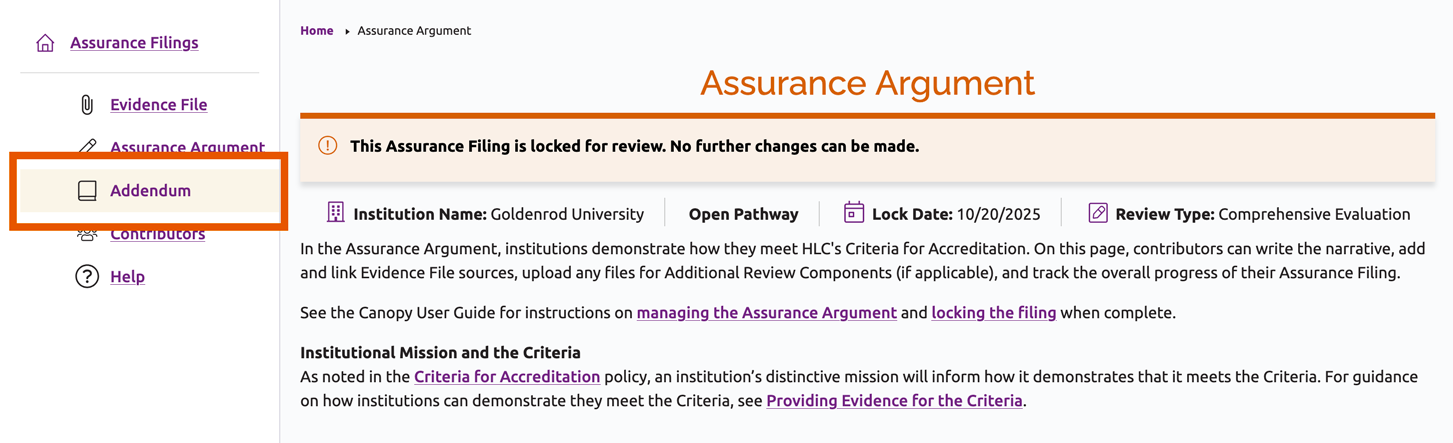 Addendum link in Assurance Filing side menu