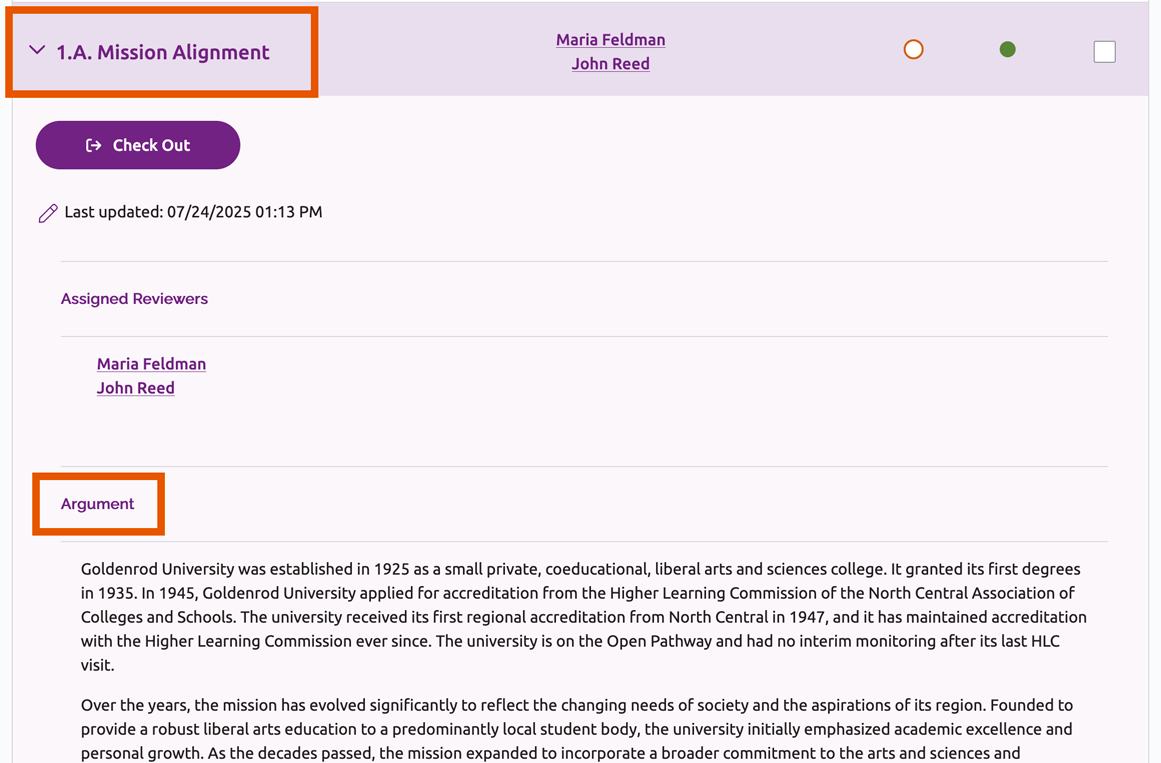 Expanded Core Component 1.A. Mission Alignment section, displaying the institution's argument