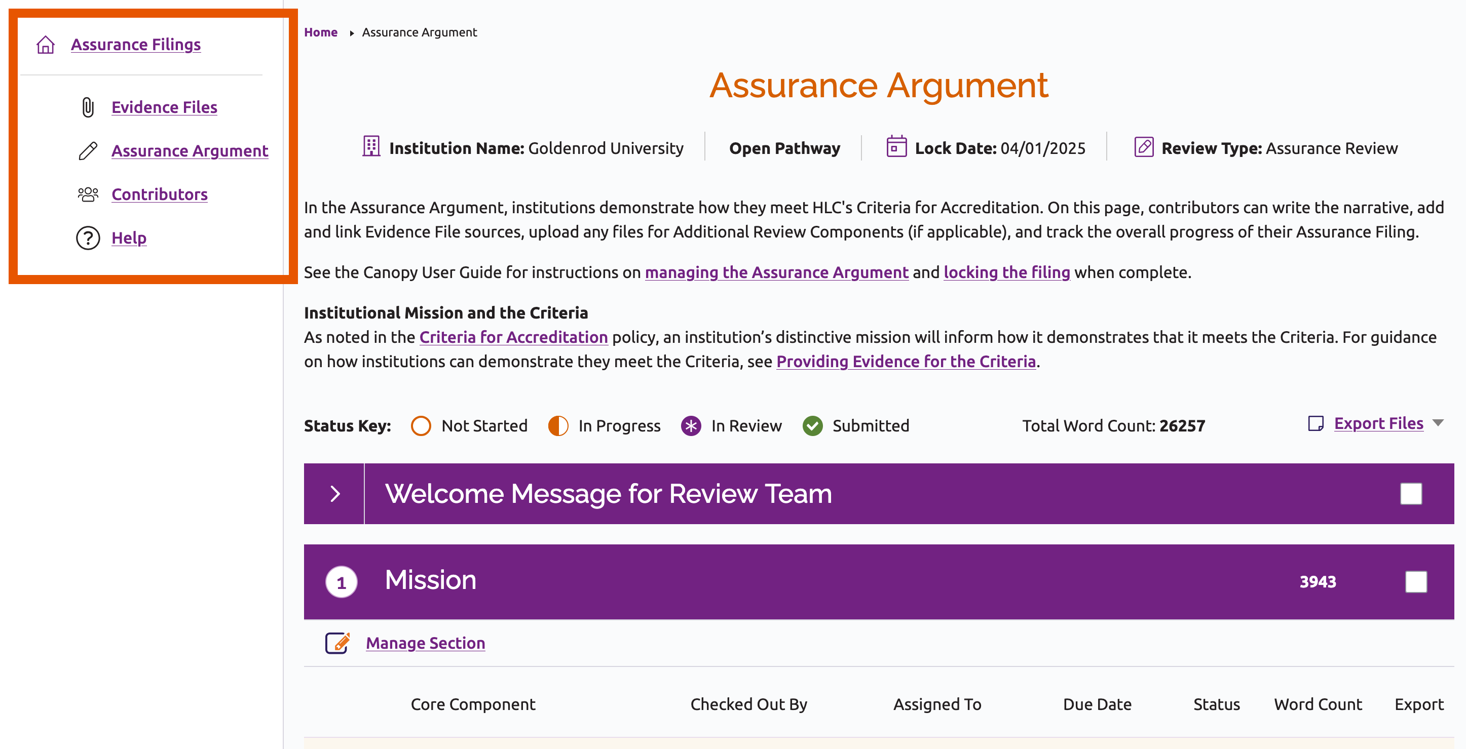Side menu of Assurance Filing