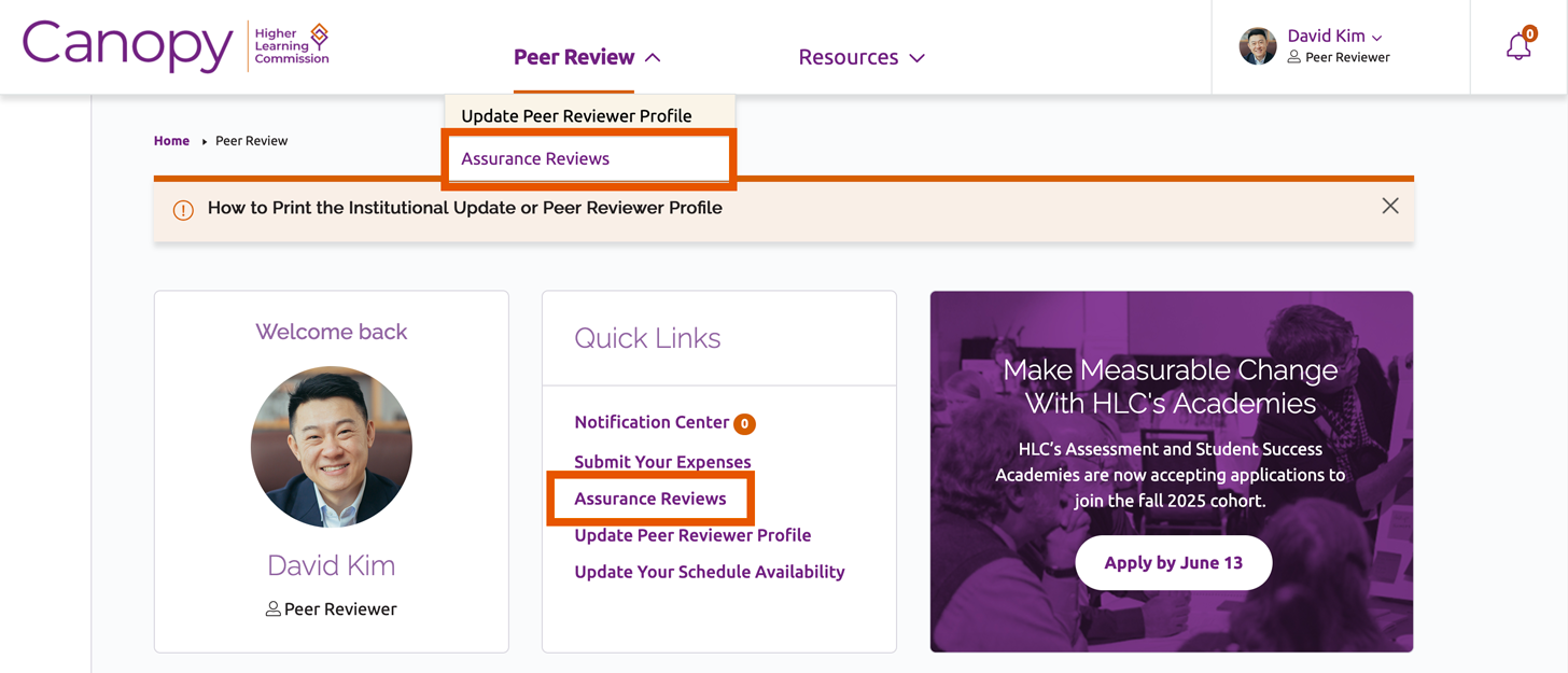 Links to Assurance Reviews landing page in Peer Review section of the main menu and under Quick Links on the peer review dashboard