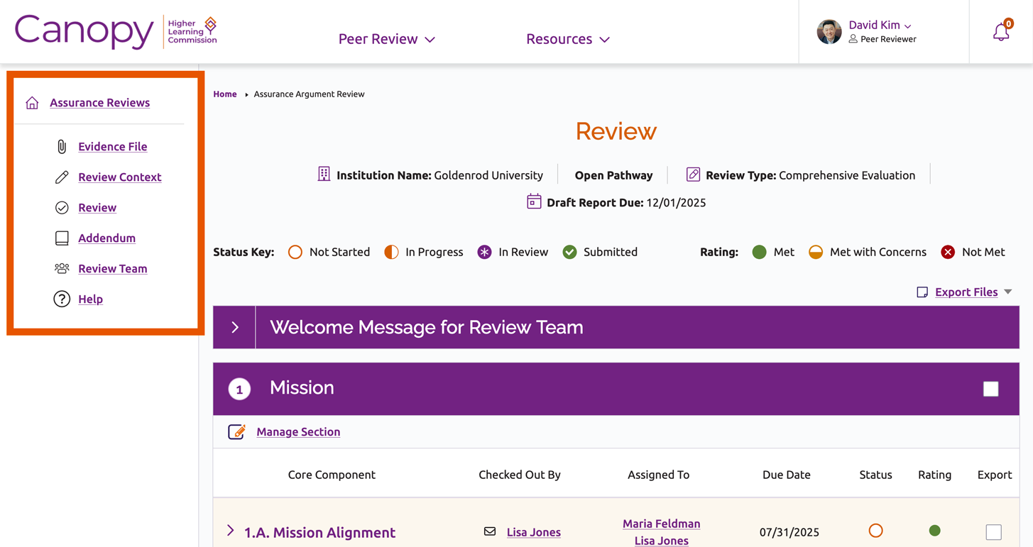 Assurance Review side menu, showing links to Assurance Reviews, Evidence File, Review Context, Review, Addendum, Review Team and Help
