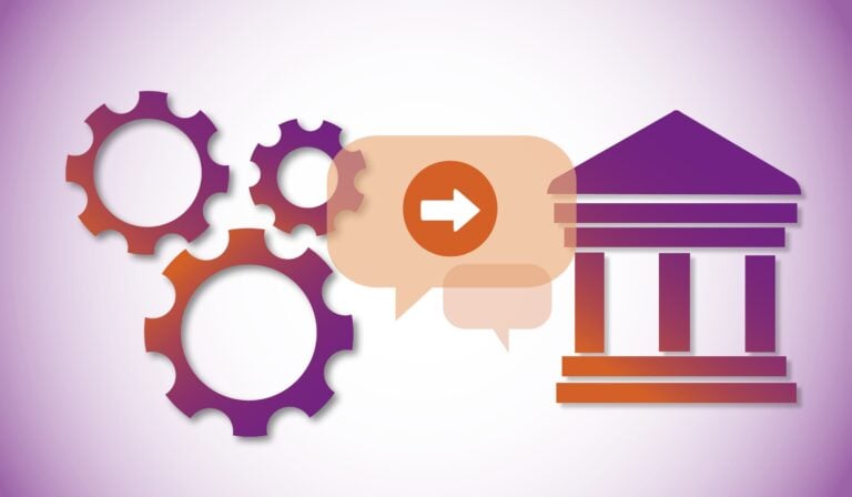 Gears with an arrow pointing to an institution icon