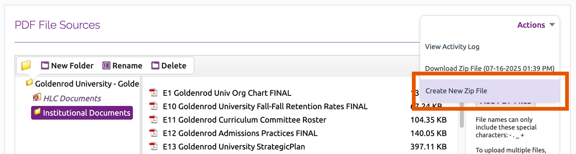Create New Zip File link in Actions dropdown menu
