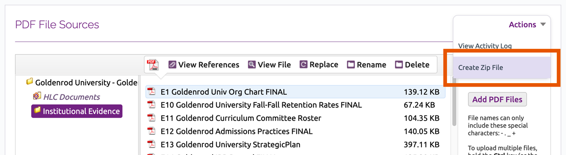 Create Zip File link in Actions dropdown menu