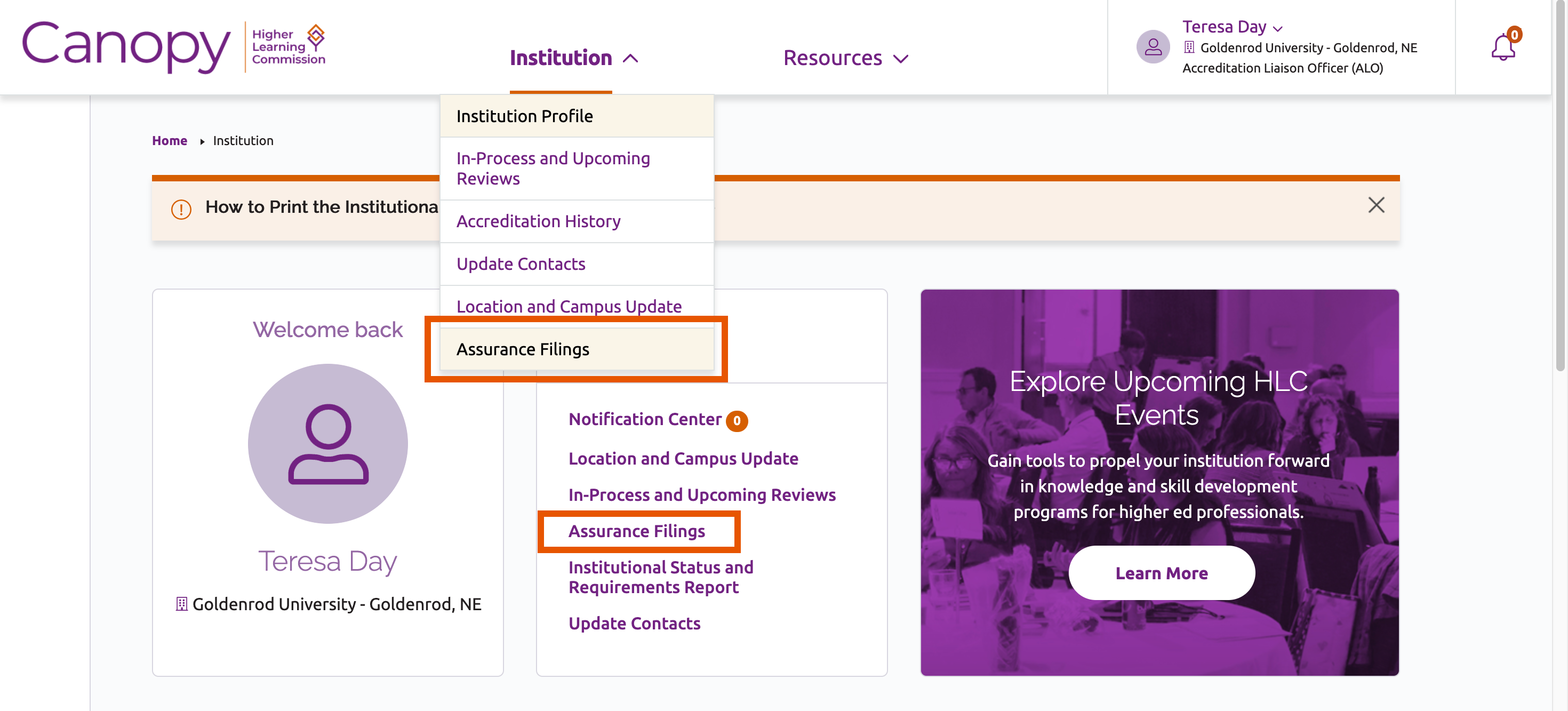 Links to Assurance Filings landing page in Institution section of the main menu and under Quick Links on the institution dashboard