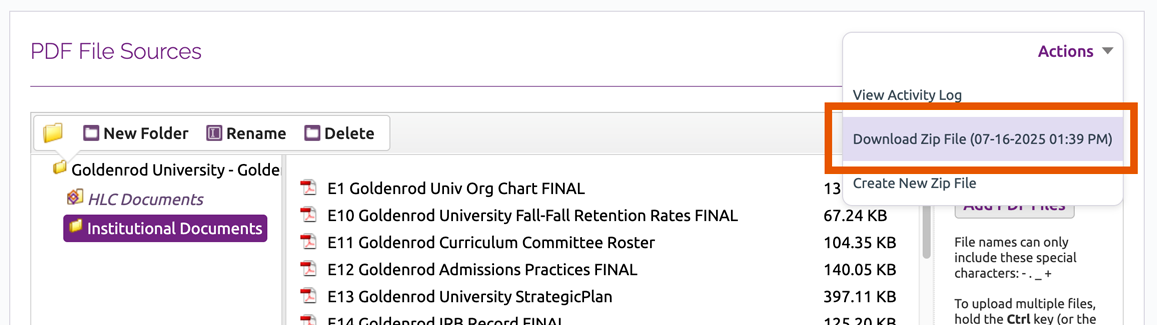 Download Zip File link in Actions dropdown menu