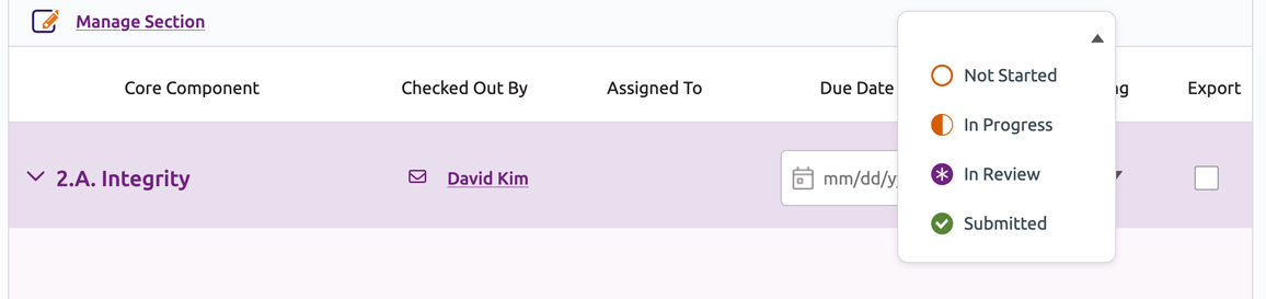 Drop-down list to select section status