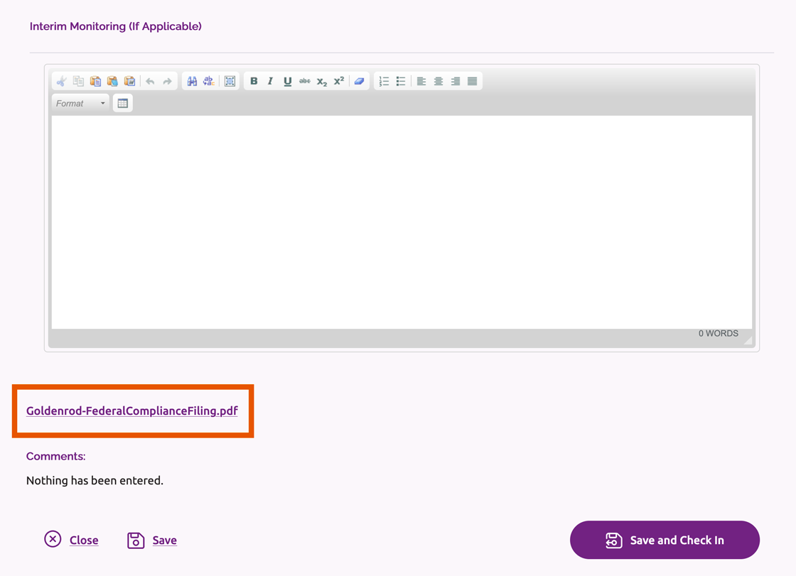 Link to institution's federal compliance filing below the federal compliance interim monitoring text field