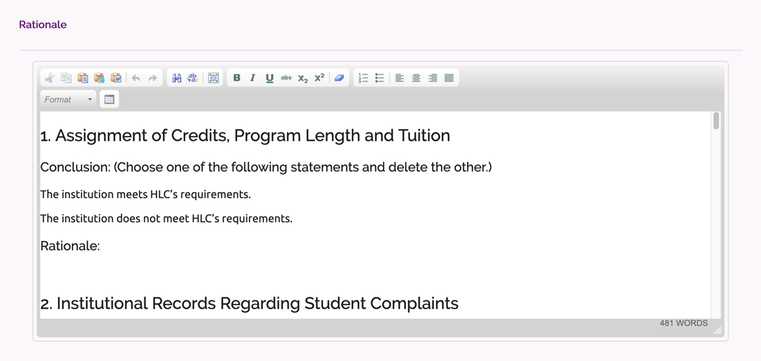 Federal Compliance rationale field