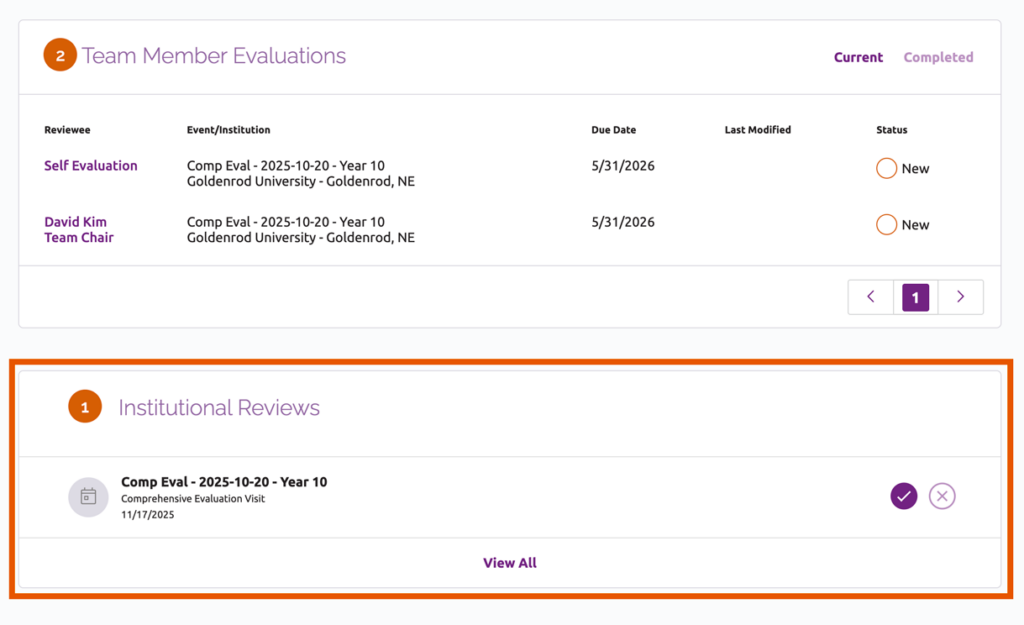 Institutional Reviews section on Peer Review Dashboard