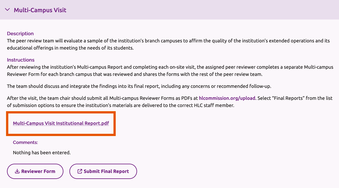 Link to institution's Multi-Campus Report