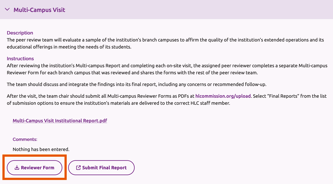 Reviewer Form button at the bottom of the Multi-Campus Visit section