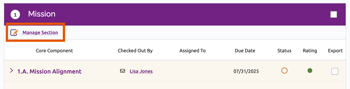 Manage Section link for Criterion 1: Mission section